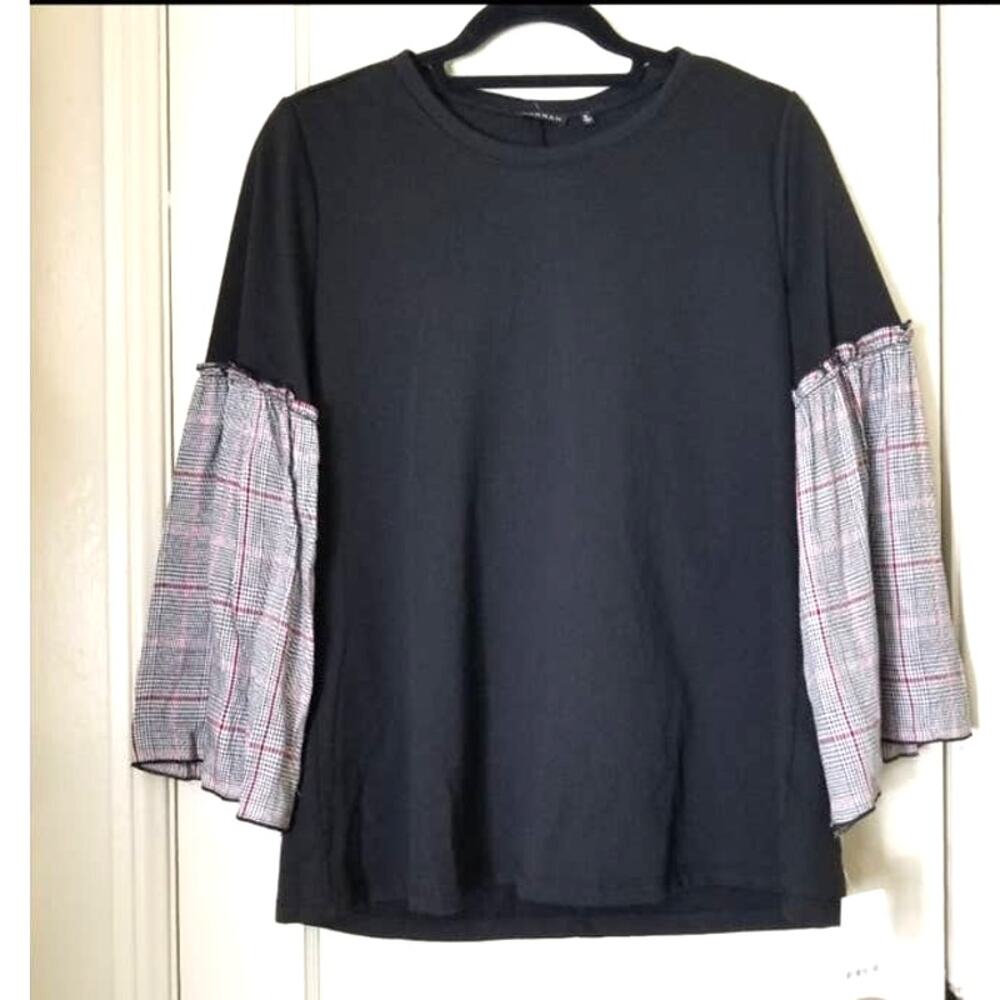 Hannah Blouse Top Bell Sleeve Pullover Gingham Plaid Print Medium